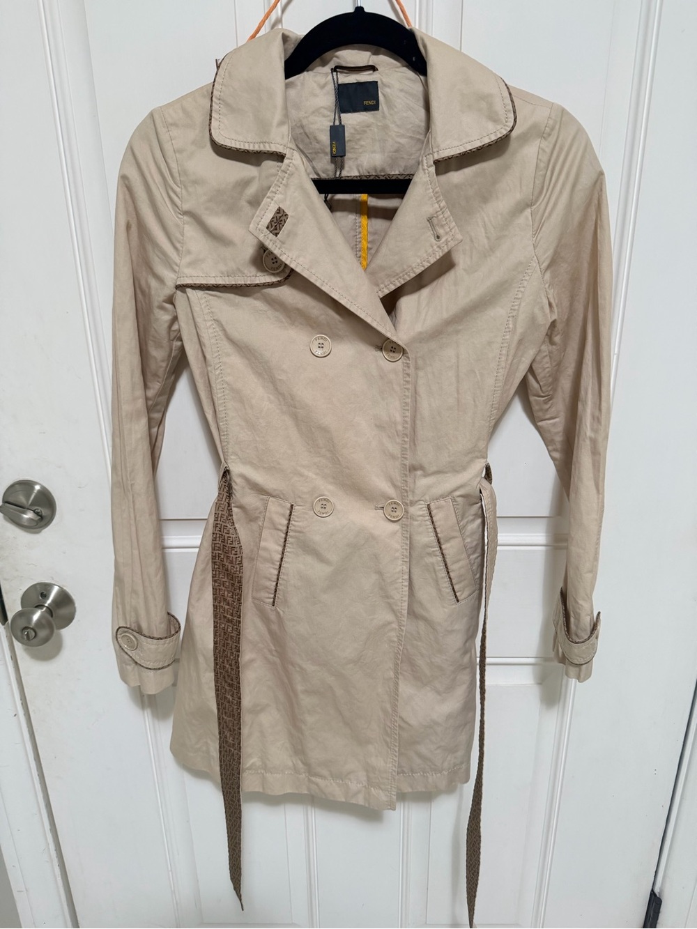 Fendi Beige Double-Breasted Trench Coat with Logo Belt